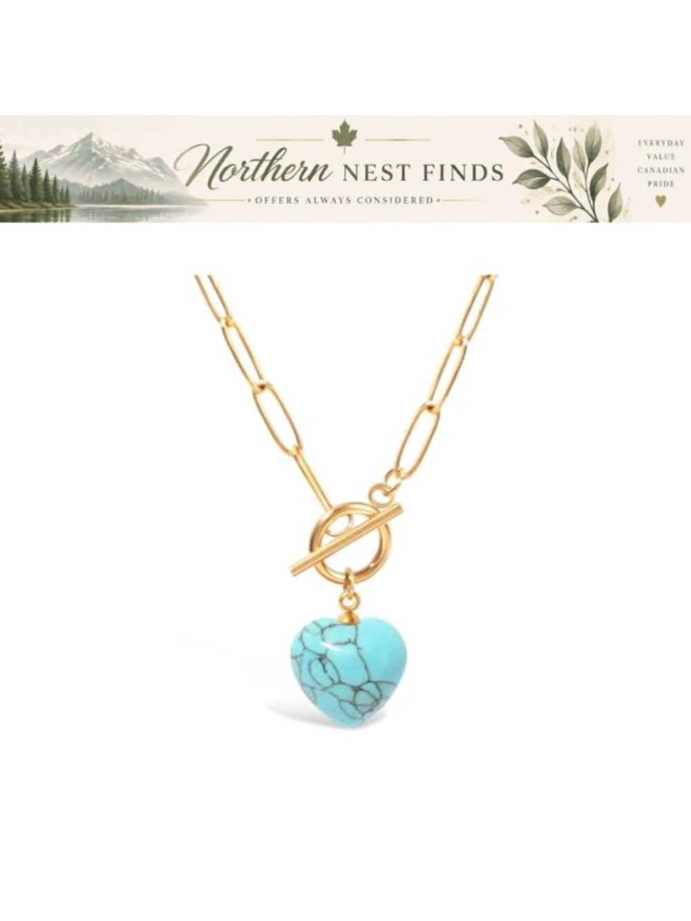 Turquoise Heart Pendant Necklace Gold Chunky Chain Toggle Clasp Boho